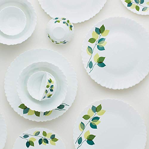 Larah by Borosil Green Leaves Silk Series Opalware Dinner Set, 35 Pieces, White