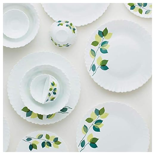 Larah by Borosil Green Leaves Silk Series Opalware Dinner Set, 35 Pieces, White