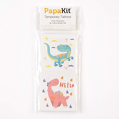Papakit Party Dinosaurs 36 Temporary Fake Tattoo Set, 18 Individually Wrapped Sheets | Kids Girls & Boys Birthday Party Favor Gift Reward, Non-Toxic Food Grade Ingredients Safe Removable #TOP2