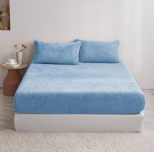 Image of BSB HOME Luxury Warm Winter Elastic Fitted Bedsheet with 2 Pillow Covers - Ultra Soft Flannel Velvet Touch, Cozy & Wrinklefree lintfree Size - 78x72+10 Inches, Aqua Blue