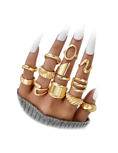 17 MILE Chunky Gold Stackable Rings for Women Non Tarnish, 18K Gold-Plated Statement Open Stacking Rings, Knuckle Band Ring Set