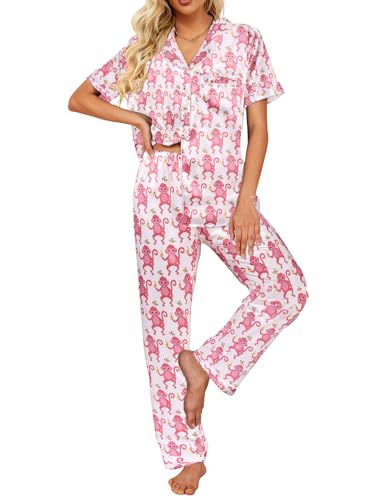 Image of Ekouaer 2 Piece Satin Short Sleeve Pajamas Set Button Down Sleepwear | Soft Pjs Set Classic Loungewear for Wedding, Party, Home, Daily Wear, Date Nights