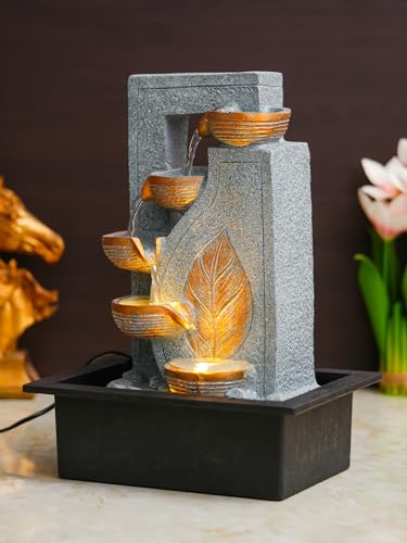 Image of CHRONIKLE Indoor Tabletop Water Fountain with Warm LED Light & Controller Pump | Golden Leaf Designer 4 Diya Step Cascade Polyresin Waterfall Fountain for Home, Meditation Decor | Grey | 40x29.5x22 CM