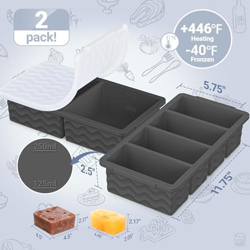 Image of Silicone Freezer Trays with Lid for Soup, 1-Cup & 2-Cup Large Ice Cube Molds Food Storage Containers for Meal Prep, Freeze 500mL /250mL /125mL Portions - 2 Pack
