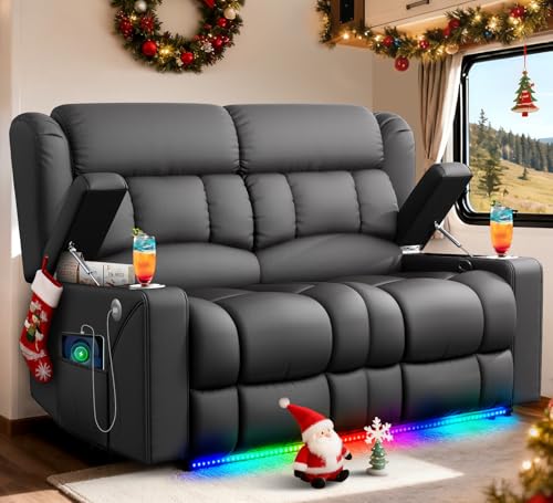 MOSGAT RV Loveseat Recliner Sofa, Reclining Loveseat Home Theater Seating with USB Ports, Cup Holders, Insert Pockets, Wall Hugger RV Recliners for Movie Room, Recline Movie Seats Gaming Sofa, Gray