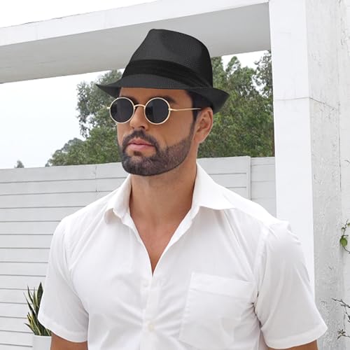 Image of Straw Trilby Fedora Hat for Men Women 1920s Panama Hat Short Brim Summer Beach Sun Hat with Band