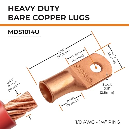 SELTERM 2pcs 1/0 AWG 1/4" Stud Copper Wire Lugs, Battery Lugs, Ring Terminals, Battery Cable Ends, 0 Gauge Ring Terminal Connectors, UL Heavy Duty Bare Copper Eyelets Battery Terminal Connectors