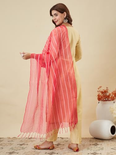 Image of MOKOSH Women's Kurta Pant Dupatta Set | Chinon Embroidered Straight Kurta with Pants and Striped Contrast Organza Dupatta, Traditional Indian Ethnic Suit Set