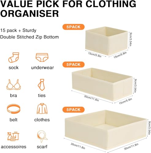 DIMJ Schubladen Organizer Kleidung Baby- 15er Set Faltbare Unterwäsche Kleiderschrank Organizer, Aufbewahrungsbox Stoff Schubladen Ordnungssystem für Hosen, Kleidung, Socken, Beige
