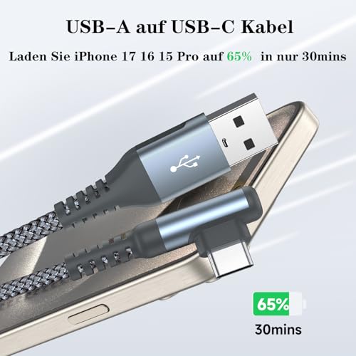 USB C Kabel 3.1A Schnellladung [2Stück 2m], Ladekabel USB C Winkel Type C Kabel Nylon für i Phone 16 15 Pro Max… – Ansicht 2