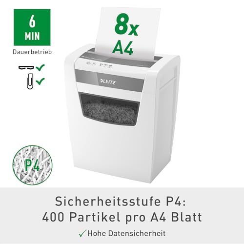 Leitz IQ Aktenvernichter Home Office S, 9-8 Blatt (70-80 g/m²), TÜV+GS zertifiziert, Partikelschnitt, Sicherheitsstufe P4, 15L Behälter, Sehr leise, & kompakt, Schredder für Büro, Weiß, 80360000