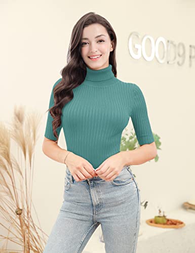 Image of v28 Women Turtleneck 1 /2 Half Sleeve Highly Stretchy Ribbed Knit Fitted Sweater