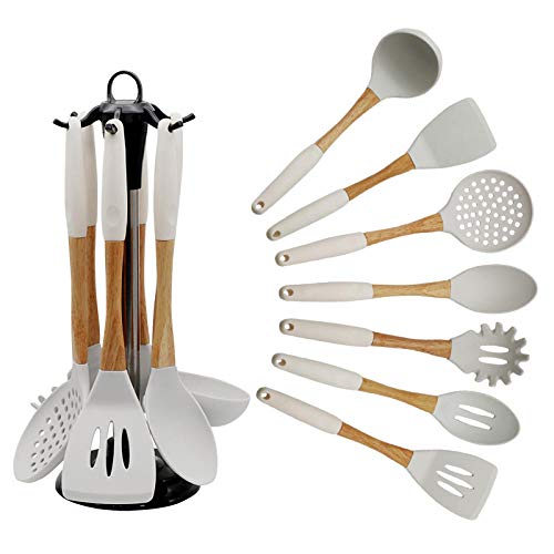 Geekcook Kit Cuisine,Ensemble d'ustensiles de Cuisine en Silicone avec Manche en Bois Cuillère de Cuisine de 7 pièces pour ustensiles de Cuisine-Blanc Cover