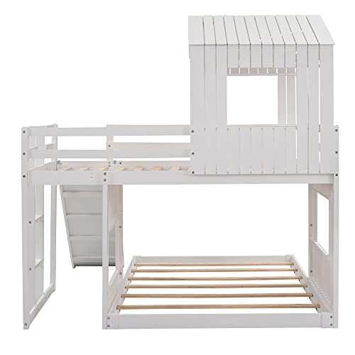 Image of Twin Over Full Bunk Bed Frames Loft Bed with Slide, House Roof, Window and Safety Guardrails for Boys or Girls, White