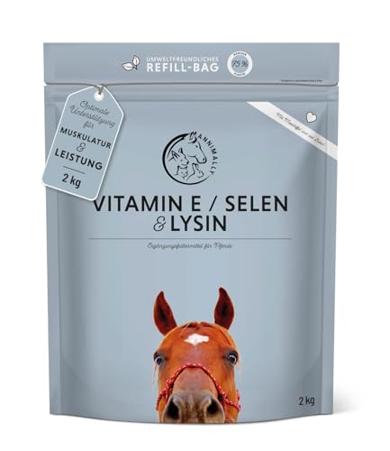 Annimally Selen, Vitamin E, Lysin Pulver für Pferde - Pferd Vitamin E, Lysin, Selen Komplex zur Unterstützung der Muskulatur & Leistung (2 kg Nachfüllpack)