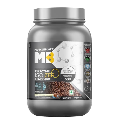 Image of MuscleBlaze Biozyme Iso-Zero Whey Protein Isolate Powder, 1kg (2.2lbs) | Blue Tokai Cafe Latte | 27g Whey Protein Per Scoop | USA Patent-Published Enhanced Absorption Formula (EAF)