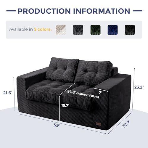 Image of MAXYOYO Loveseat Sofa Couch, Upholstered Bean Bag Chair Cloud Seat for Adults, Boneless Couch with Cushion & Pillows, Sofa in A Box, No Assembly Required, Corded Black, 2-Seat