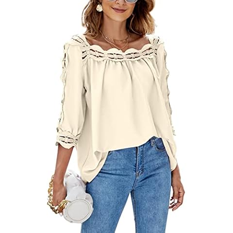 Omoone Women 3/4 Sleeve Lace Crochet Top Flowy Square Collar Shirt Summer Tunic Blouses Tops, Beige, Medium Cover