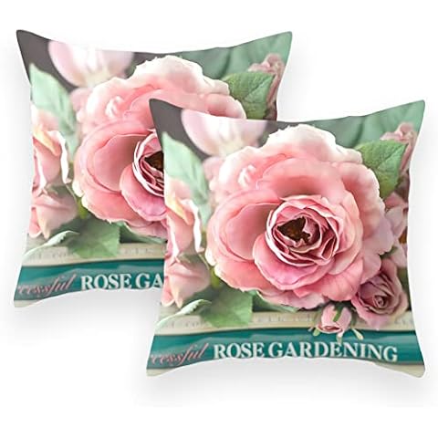 FCOZM Set of 2 18 x 18 Decorative Throw Pillow Covers for Couch Bed Sofa Romantic Pink Rose Flower Pillow Cases Vintage Farmhouse Style Soft Square Decorative Pillow Cases Covers Shams (C1) Cover