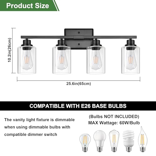 Image of Ascher Bathroom Light Fixtures, 4-Light Vanity Lights with Clear Glass Shade, Modern Black Finish Wall Light for Mirror Bedroom Hallway Cabinet Porch