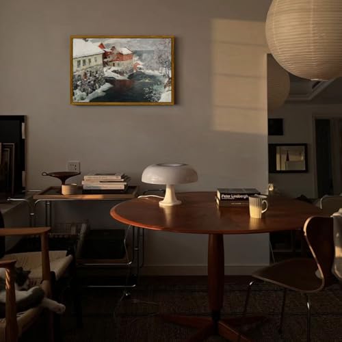 crmotu Framed Canvas Wall Art, Country Winter Scene Vintage Art Prints, Riverside Old Architecture Landscape Painting, Snow Scenery Rustic home Decor Living Room Bedroom, Farmhouse Wall Decor 16x24in