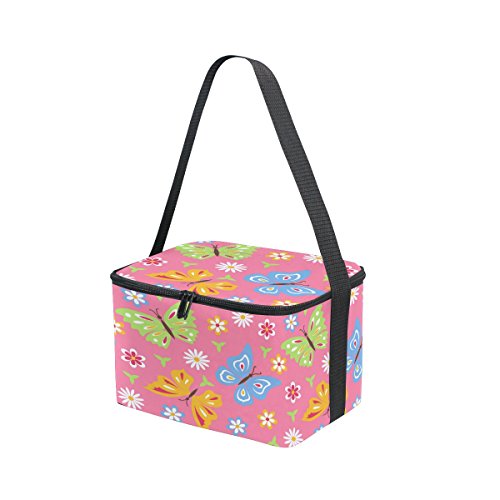 Alaza Pink Butterfly Floral Insulated Lunch Bag Box Cooler Bag Reusable Tote Bag Outdoor Travel Picnic Bag With Shoulder Strap For Women Men Adults Kids #TOP3