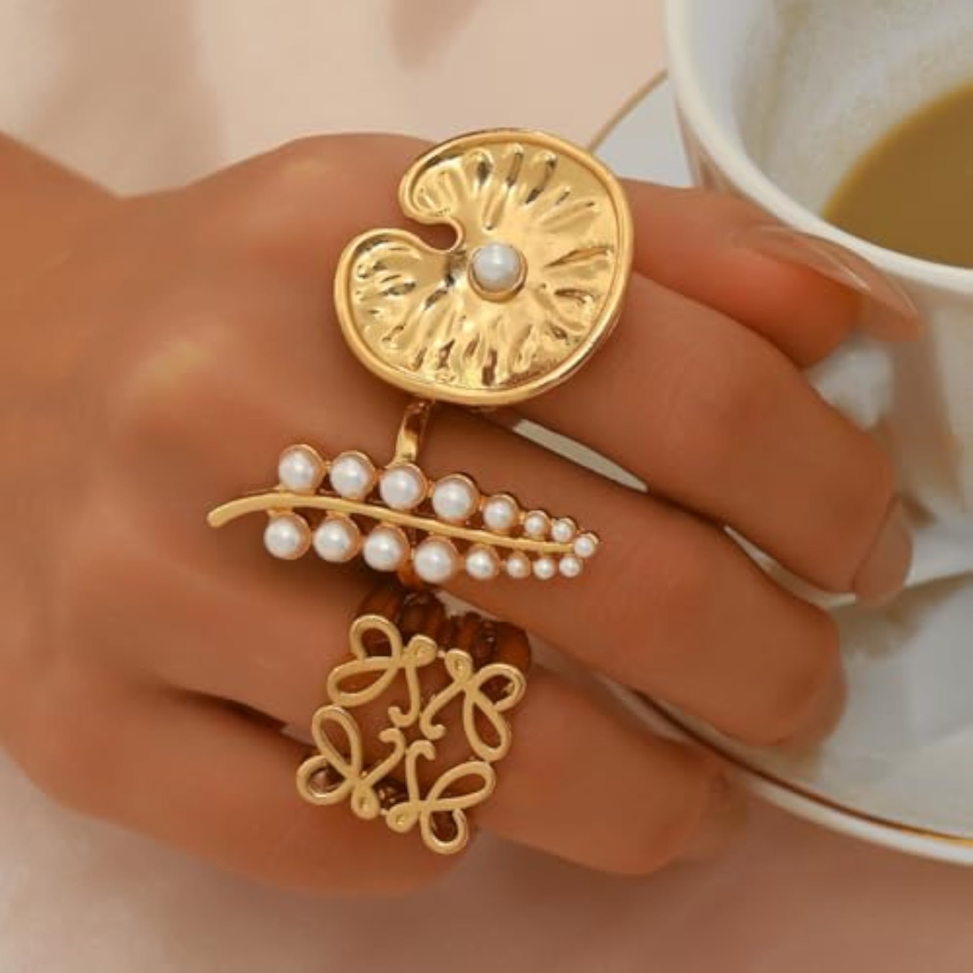 Women's Gold Plated 3pc Pearl Leaf & Bow Stackable Ring Set