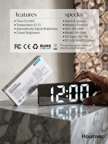 Image of Hournor Digital Alarm Clock with Large LED Display, Temperature Monitor, USB Powered, Adjustable Brightness, Snooze Alarm, Modern Desk Clock