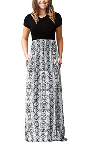 HAOMEILI Women s Short Sleeve Snake Printed Dress Loose Plain Maxi Dresses Casual Long Dresses with Pockets(Snake Print Grey 2XL)