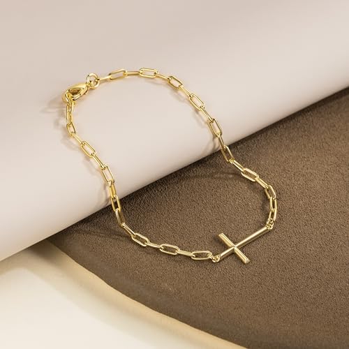 Gold Bracelets for Women 14K Gold Bracelets for Women Cross Bracelet for Womens Stack Clean Modern Chain with Cross Paperclip Chain Bracelet for Womens4