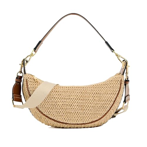 Image of Straw Crossbody Bags for Women Crescent Woven Shoulder Handbag Summer Beach Hobo Purses with Adjustable Strap Khaki