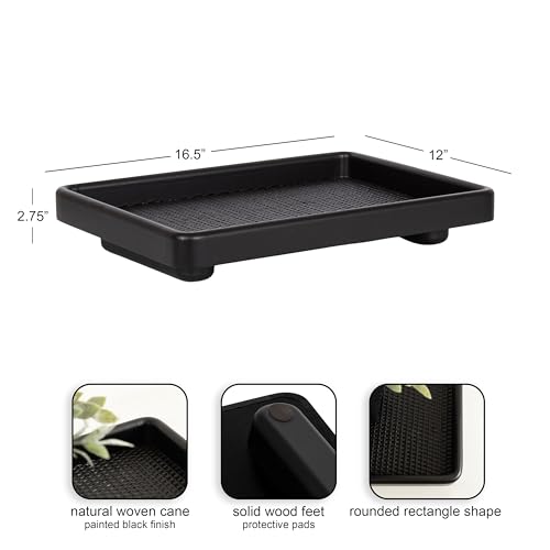 Kate and Laurel Planche Decorative Footed Woven Rattan Tray with Solid Wood Frame, 17 x 12, Black, Modern Wood Rectangle Serving Tray for Living Room or Entryway Decor by Kate and Laurel - Image 2