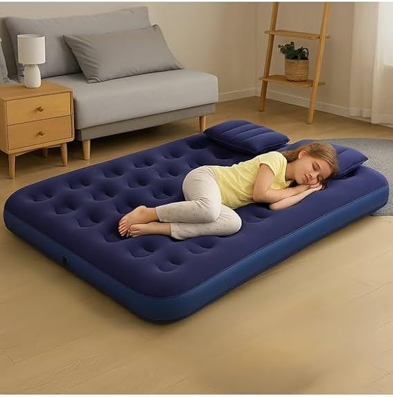 Çift Kişilik Şişme Yatak 203x152x22 cm – 2 Yastıklı Taşınabilir Kamp Yatağı, El Pompalı Hava Yatağı, Ev Seyahat Kamp ve Misafir Kullanımı için Konforlu Şişme Yatak
