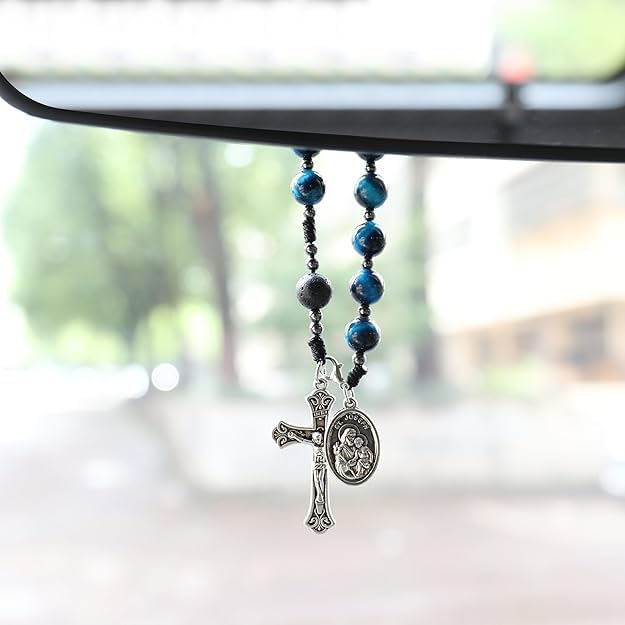 Nazareth Store Tiger Eye Beads One Decade Rosary Handmade Pocket Car Mirror with Saint Joseph Medal and Jesus Cross in Antique Silver Volcanic Stone Travel Friendly Rosary - Image 5