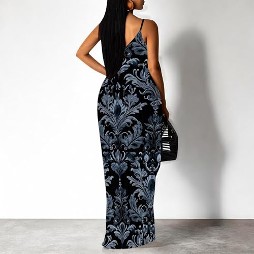 Image of Women's Summer Maxi Dress Spaghetti Strap Floral Boho Beach Long Sundress with Pockets