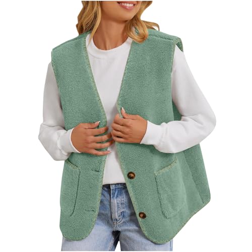 Flodxo Women's Gilets Sleeveless Fluffy Waistcoat Teddy Fleece Body Warmer Ladies Gilets and Bodywarmers Autumn Winter Soft Lightweight Jacket V Neck Button Down Coat Warm Waistcoat Green S