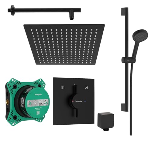 vanvilla Duschsystem mit Unterputz Duscharmatur von Hansgrohe Duo Turn E und vanvilla Regendusche mit Armatur, Duschkopf eckig, Dusch-SET HGS211 schwarz matt