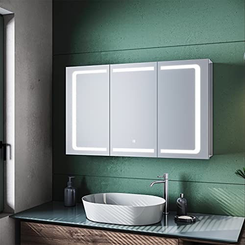 SUNXURY Spiegelschrank mit Beleuchtung 105 x 65 cm Badspiegelschrank mit Spiegelschrank LED Spiegelschrank mit Touch für das Badezimmer Edelstahl Spiegelschrank mit Steckdose wasserdicht Cover