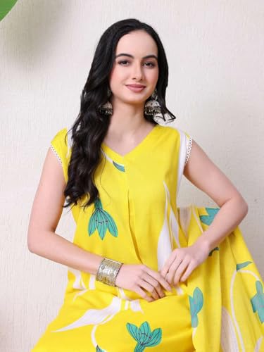 Image of Amazon Brand - Tavasya Women Cotton Anarkali Kurta Pant Dupatta Set | Printed Ethnic Suit Set | Flared Anarkali Kurta with Pant & Dupatta | Festive & Casual Wear