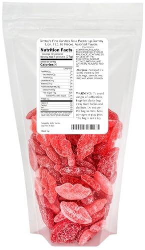 Gimbal's Fine Candies Sour Pucker-up Gummy Lips, 1 Lb, 68 Pieces, Assorted Flavors