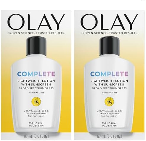 Olay Face Moisturizer, Complete with Sunscreen SPF 15, Daily Facial Lotion for Normal Skin, Lightweight Hydrating Broad Spectrum Sun Protection - Vitamin C, E, and Niacinamide - 6 Oz 2 Pack