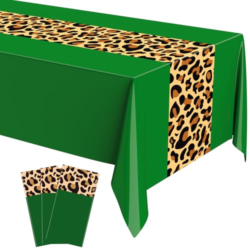 Image of Buryeah Leopard Print Tablecloth 54 x 108'' Leopard Plastic Table Cover Disposable Safari Animal Cheetah Print Party Decorations for Baby Shower Wedding Birthday Party Favors(Green,3 Pcs)