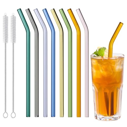 8Pcs Pajas de Cristal Reutilizables, Color Pajitas de Cristal Curvadas con 2 Cepillitos, Sin BPA Pajitas Coloreadas Curvados 20cm, Pajitas para Cócteles, Batidos y Zumos
