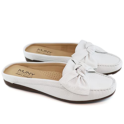 Marc Joseph New York Womens Casual Genuine Leather Flat Mules Sandals Closed Toe Backless Comfortable Lightweight Fashion Loafer With Bow Detail Slip-On Slides White Grainy 7 #TOP3