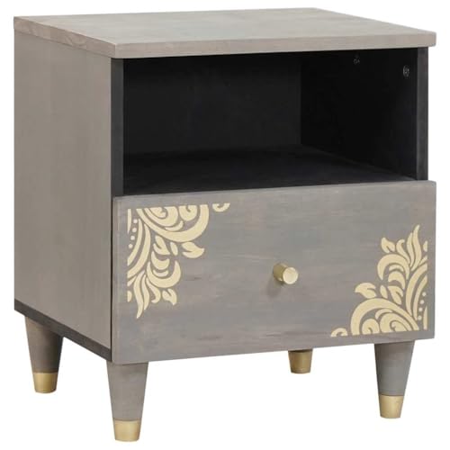 Ordellia Cabinet de Chevet Gris en Bois de Mangue Massif, 40 x 33 x 46 cm, 1 tiroir, 1 étagère, Bouton Laiton, Meuble appoint Compact pour Chambre lit Salon Adulte Enfant