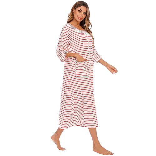 RONGTAI Robe for Women Zipper front Robes 3/4 Sleeve Housecoat with Pockets Full Length Nightgown Pink Stripe Loungewear XL — view 4
