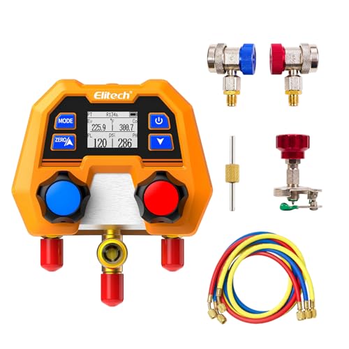 Elitech AC Gauge Set Digital Manifold Gauge Set for HVAC & Automotive Systems Supports 88 Refrigerants DMG-2SE with 3 Color Hoses R134a Quick Couplers Can Tap & Wrench