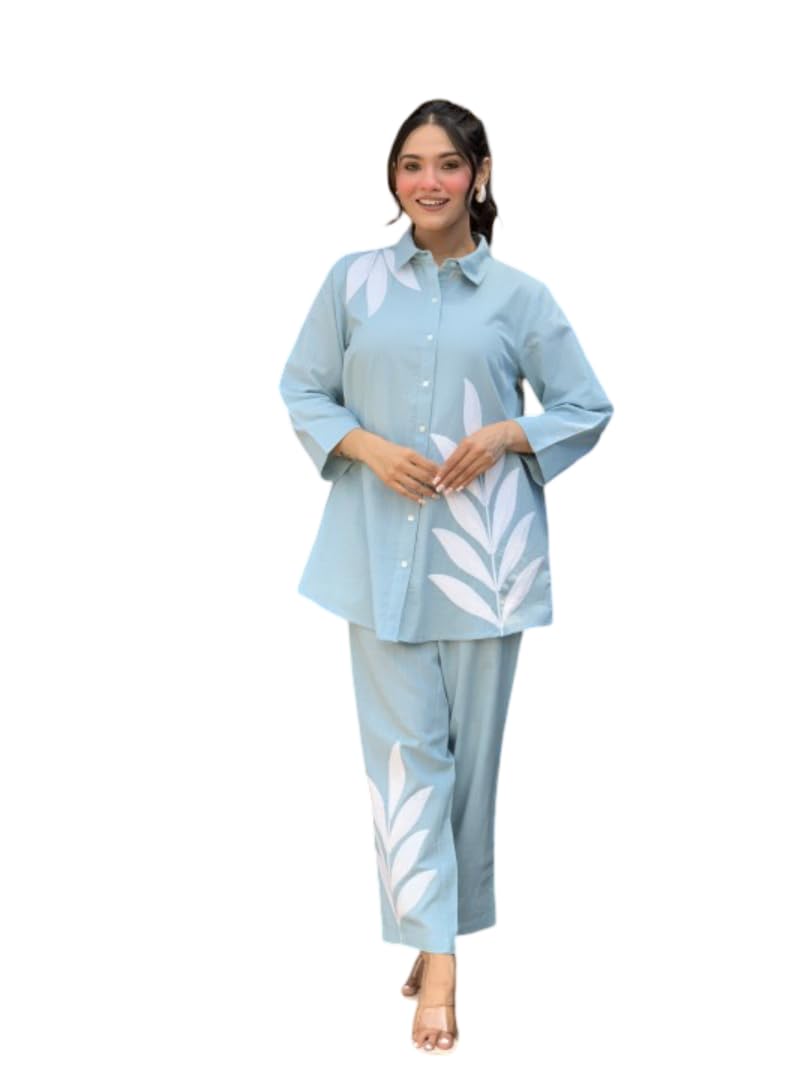 Women's Cotton Loungewear Set, Light Blue Button-Down Shirt with Pants, Casual Comfort Wear-picture-50