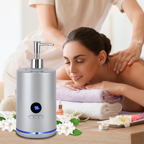 Massage Oil Warmer with 2 Bottles, Professional Electric Lotion Warmer Bottle, Digital Display, Rapid Heating, Automatic Massage Oil Heater for Home Pro Salon Spa Massage (Silver)