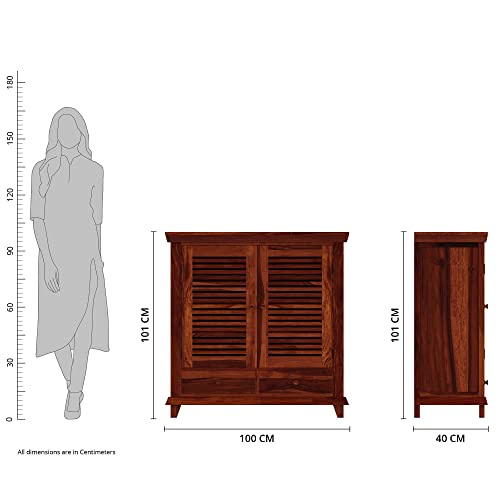 Image of Amazon Brand - Solimo Deimo Solid Sheesham Wood Shoe Rack | Wooden Footwear Organizer with 8 Shelves & 2 Drawers Shoe Cabinet for Home (Honey Finish)
